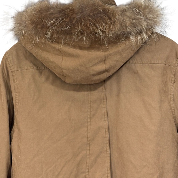 Bernardo Faux Suede Fall Winter Coat Size Small Raccoon Fur Trim Hood Womens - Picture 14 of 16